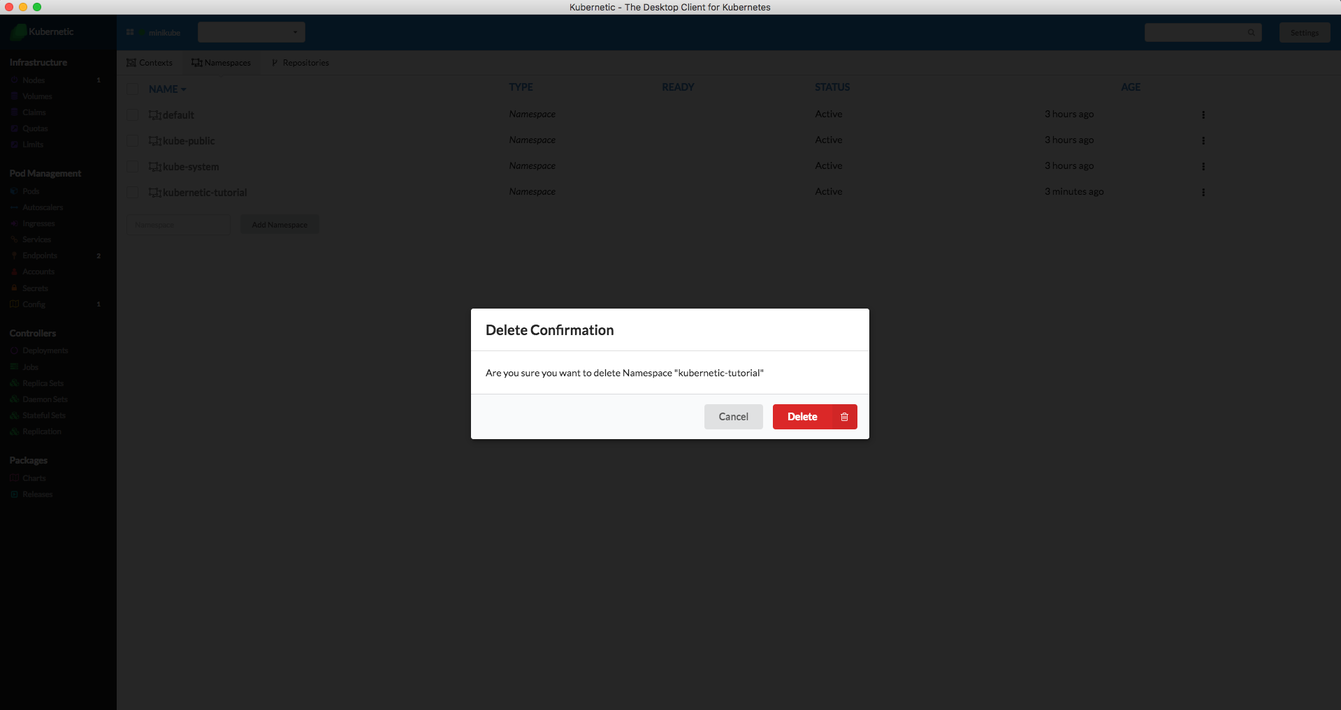 Namespace deletion confirmation